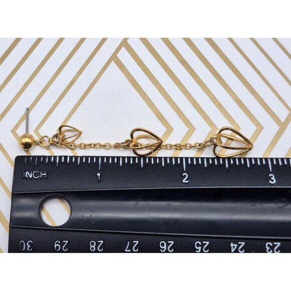 Unique Gold Tone Chain Earrings Pierced Ball Beads & Dangle 3D Hearts Valentines - Picture 7 of 7